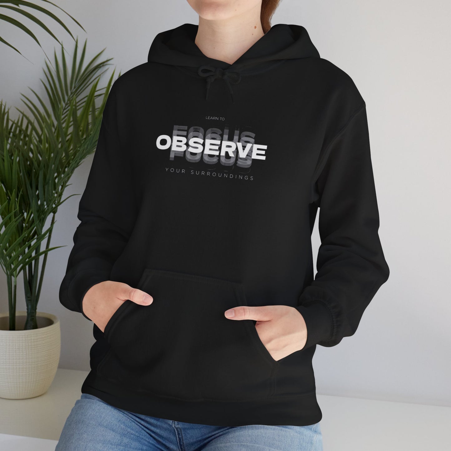 Observe Hoodie — Minimalist Glitch Text Black Pullover