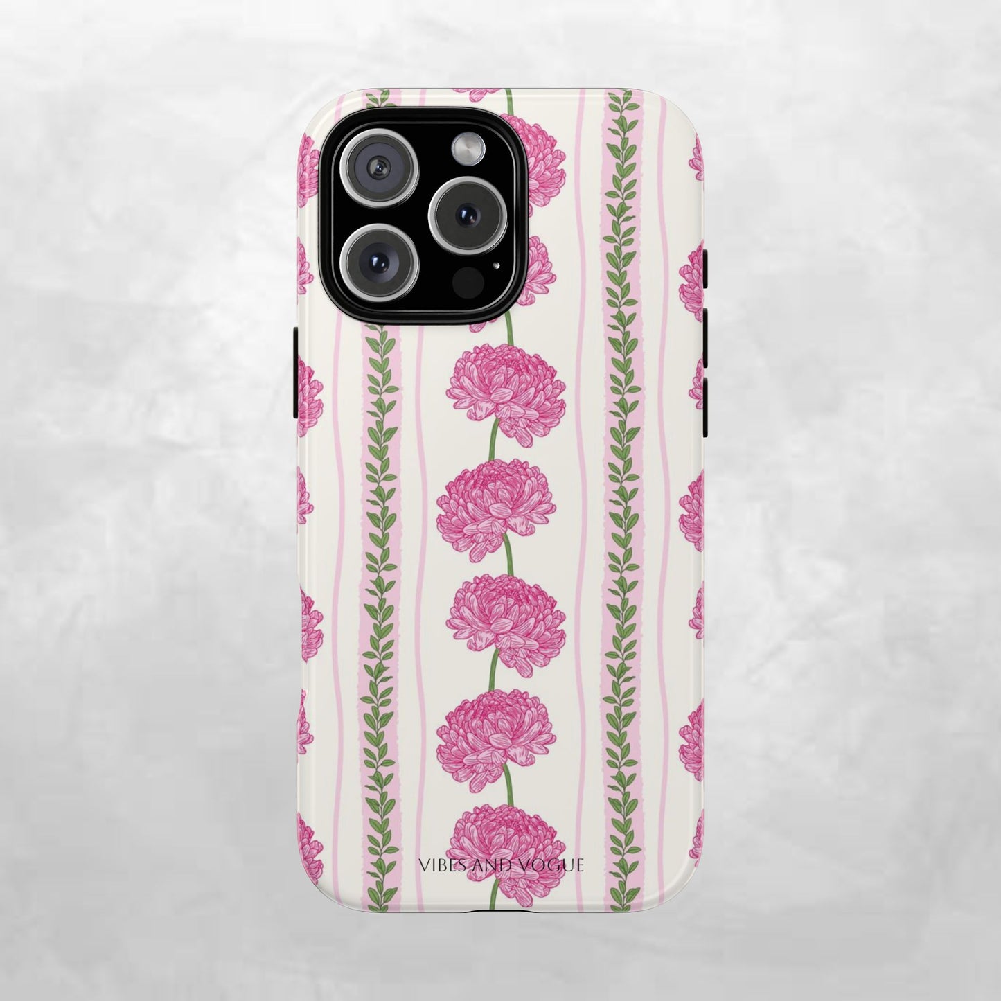 Floral Carnation Phone Case — Pink Vintage Stripe Tough Case