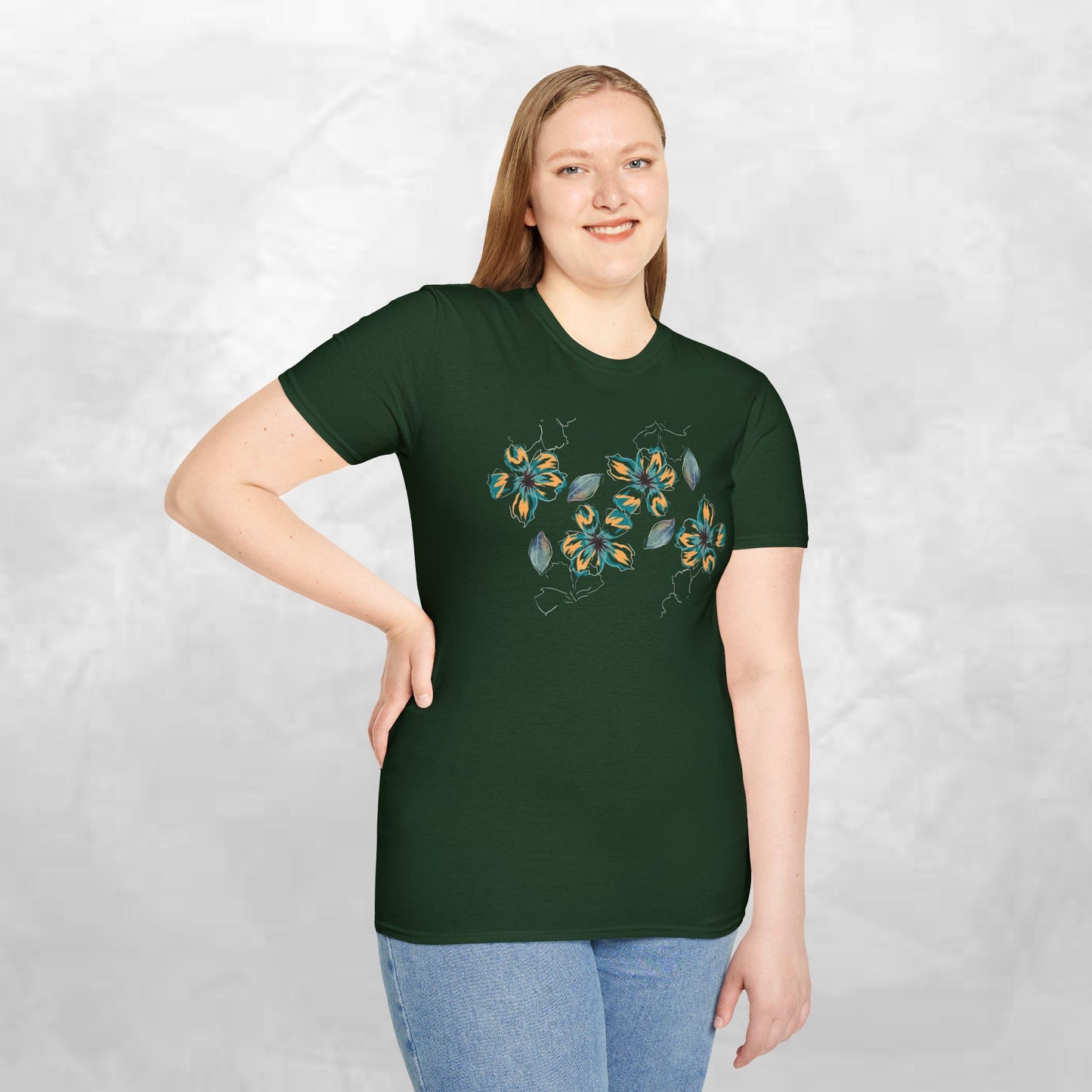 Floral Watercolor Tee — Teal & Gold Blossom Graphic T-Shirt