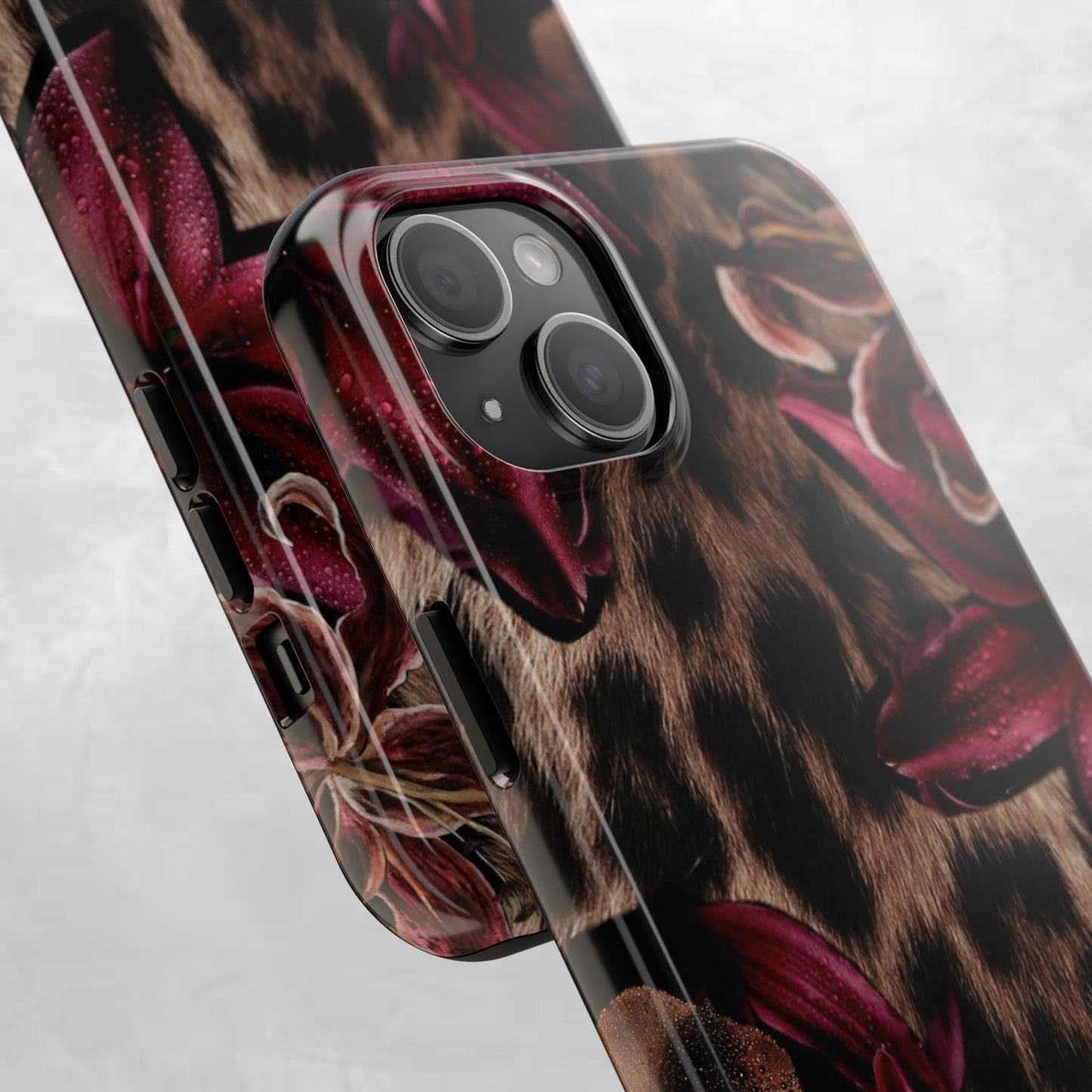 Leopard Bloom Tough Phone Case — Burgundy Floral Protective Cover
