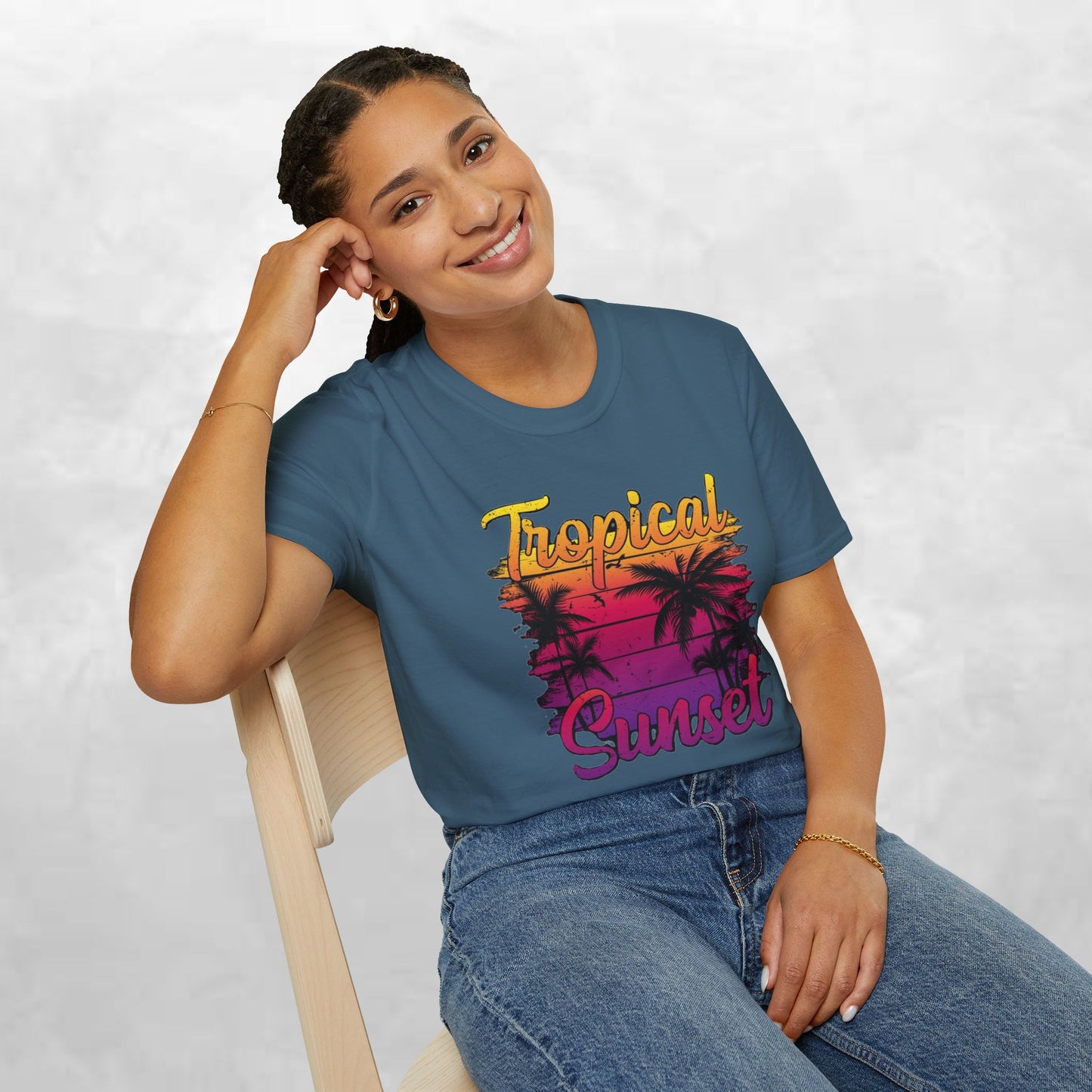 Tropical Sunset Unisex Softstyle T-Shirt – Perfect for Summer Vibes and Beach Lovers