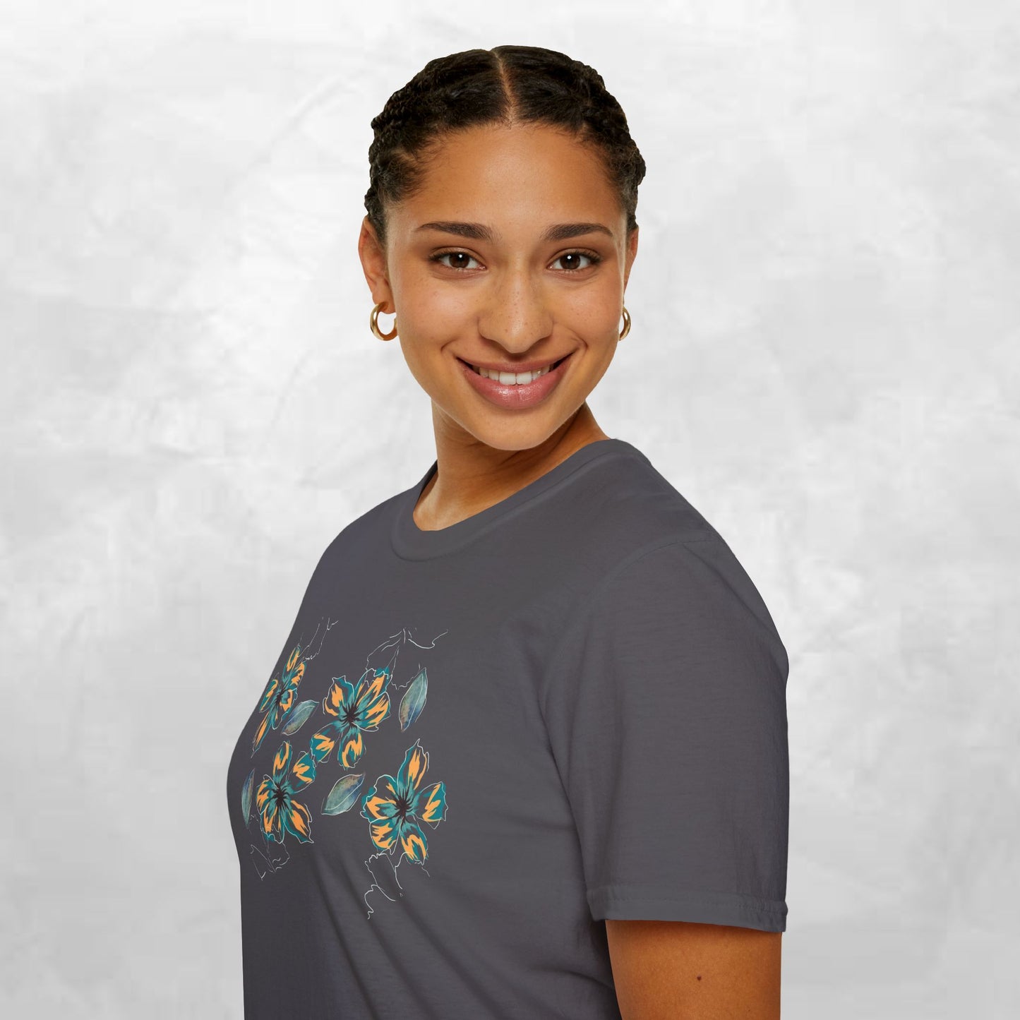 Floral Watercolor Tee — Teal & Gold Blossom Graphic T-Shirt