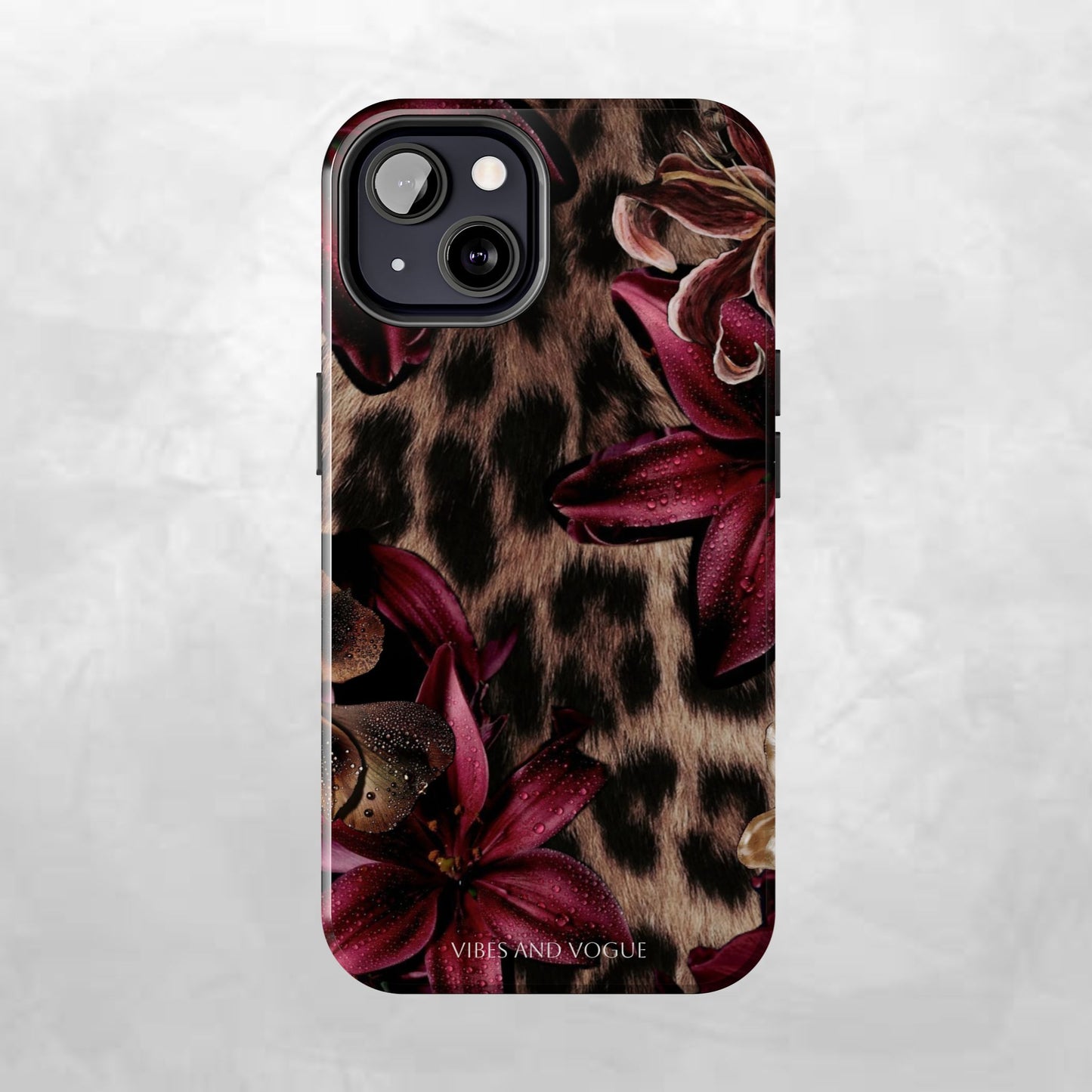Leopard Bloom Tough Phone Case — Burgundy Floral Protective Cover