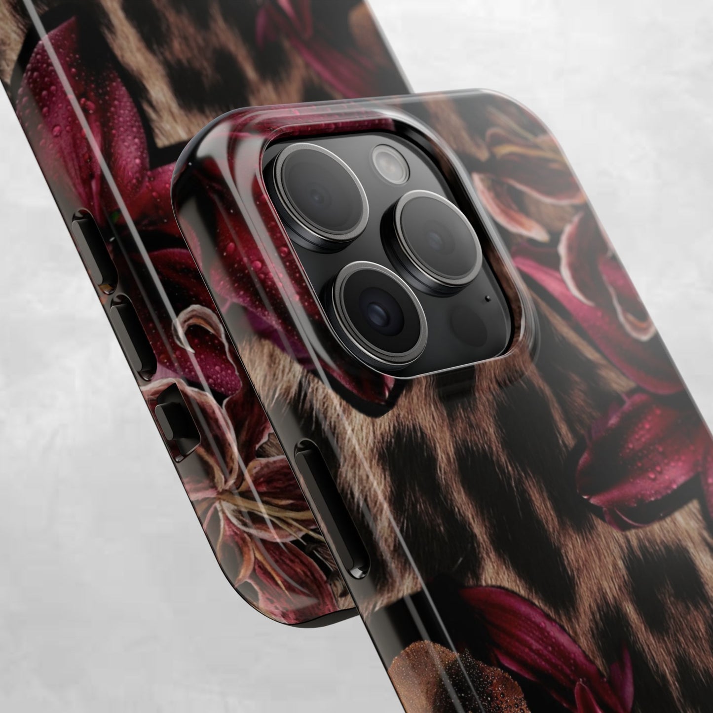 Leopard Bloom Tough Phone Case — Burgundy Floral Protective Cover