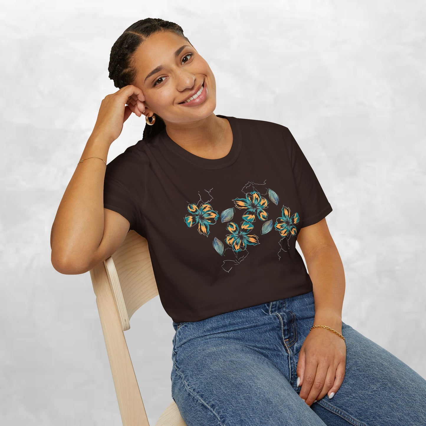 Floral Watercolor Tee — Teal & Gold Blossom Graphic T-Shirt
