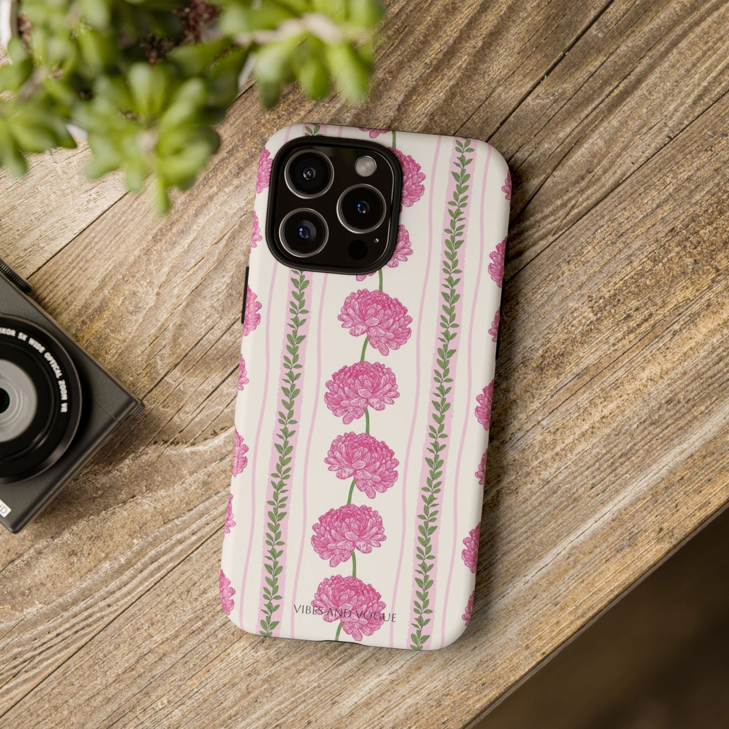 Floral Carnation Phone Case — Pink Vintage Stripe Tough Case