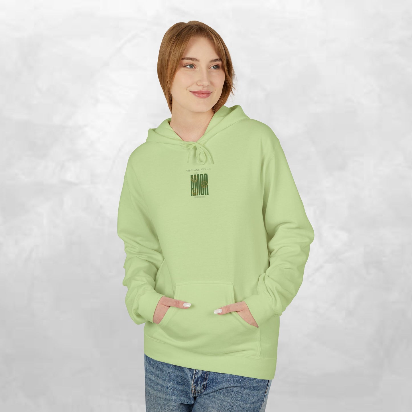 Amor Graphic Hoodie — Green Vintage Script Love Design