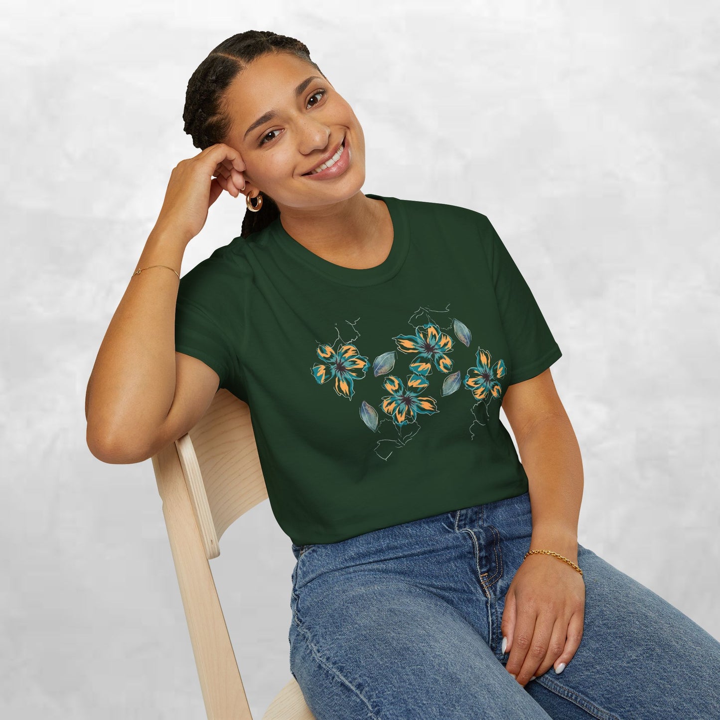 Floral Watercolor Tee — Teal & Gold Blossom Graphic T-Shirt