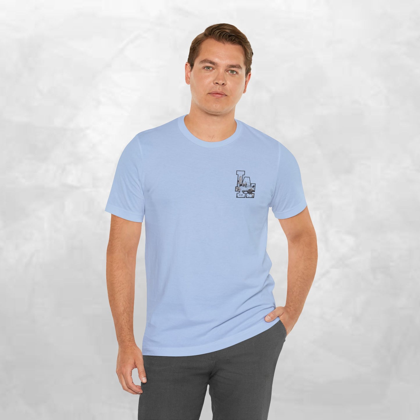 Minimalist Cityscape Pocket Tee — Small Black Line Art Chest Print