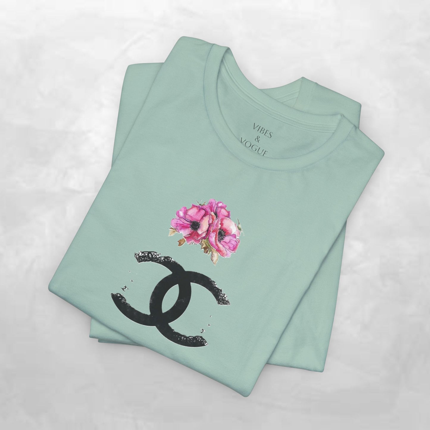 Chic Floral Logo Tee | Stylish Unisex Jersey Short Sleeve T-Shirt, Fashion Tee, Luxury Aesthetic, Gift for Her, Casual Wear, Trendy Apparel