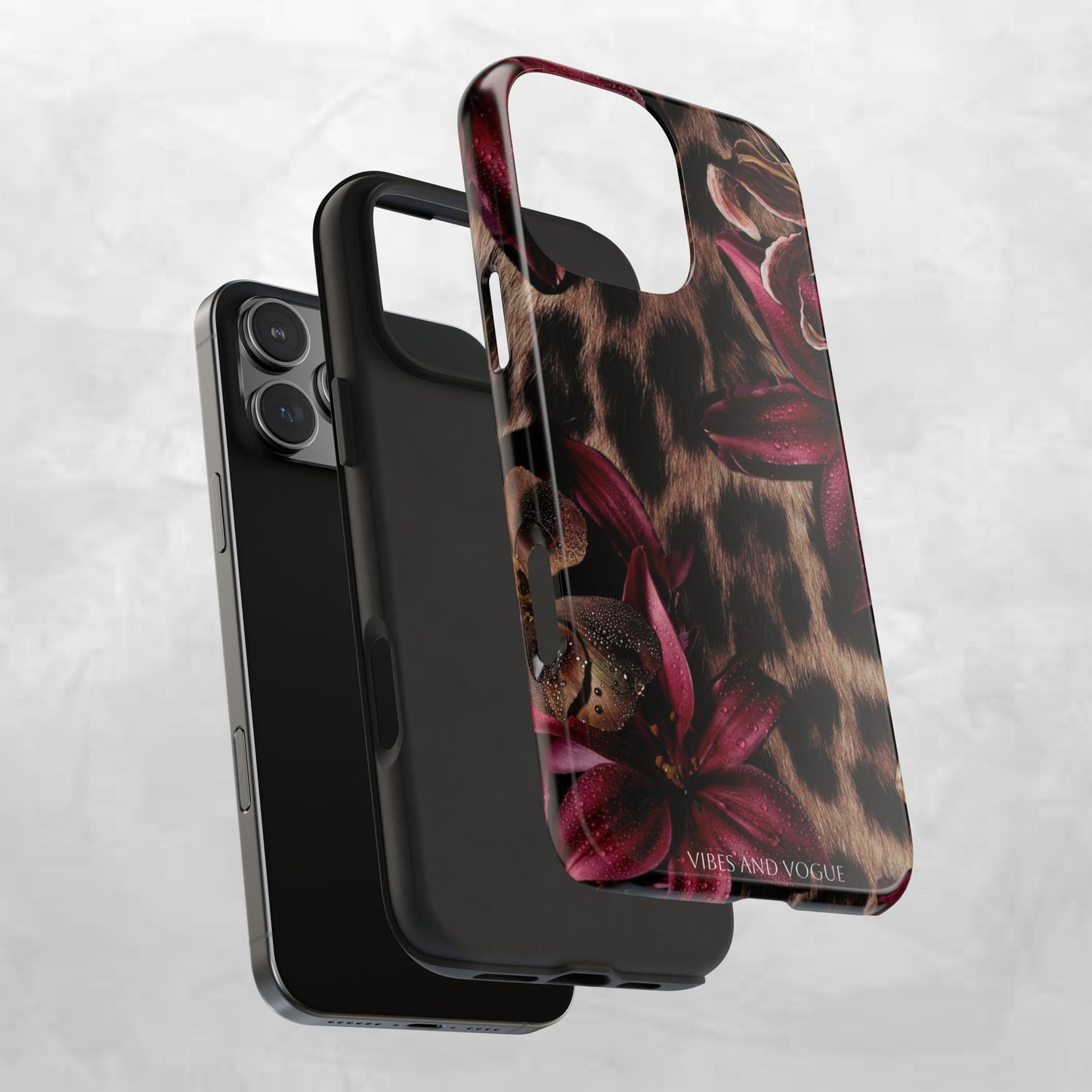 Leopard Bloom Tough Phone Case — Burgundy Floral Protective Cover