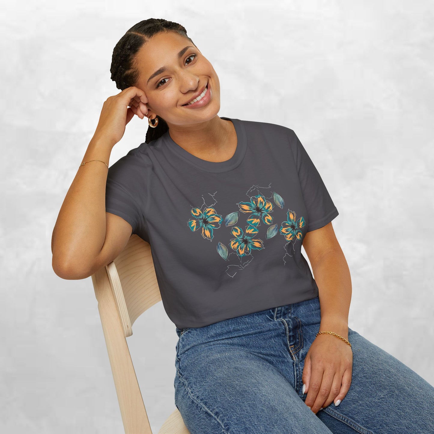 Floral Watercolor Tee — Teal & Gold Blossom Graphic T-Shirt