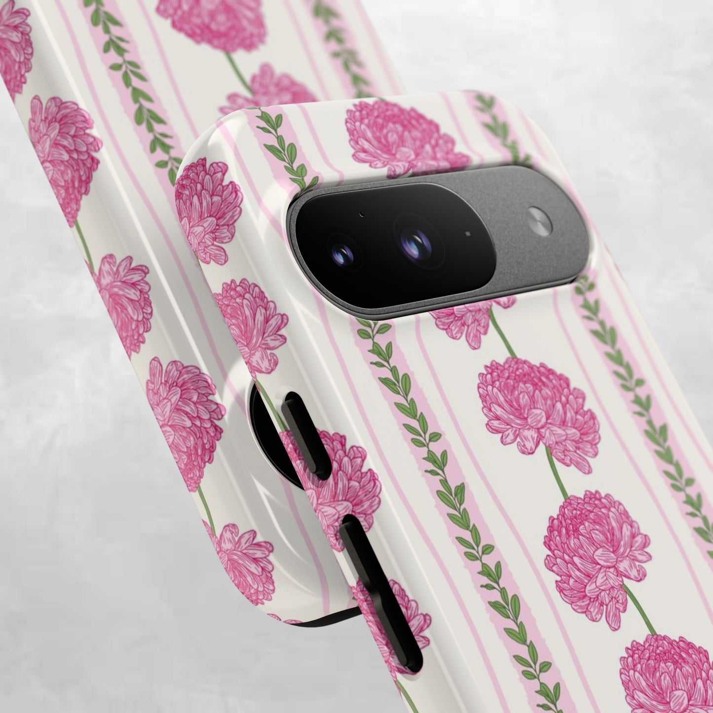 Floral Carnation Phone Case — Pink Vintage Stripe Tough Case