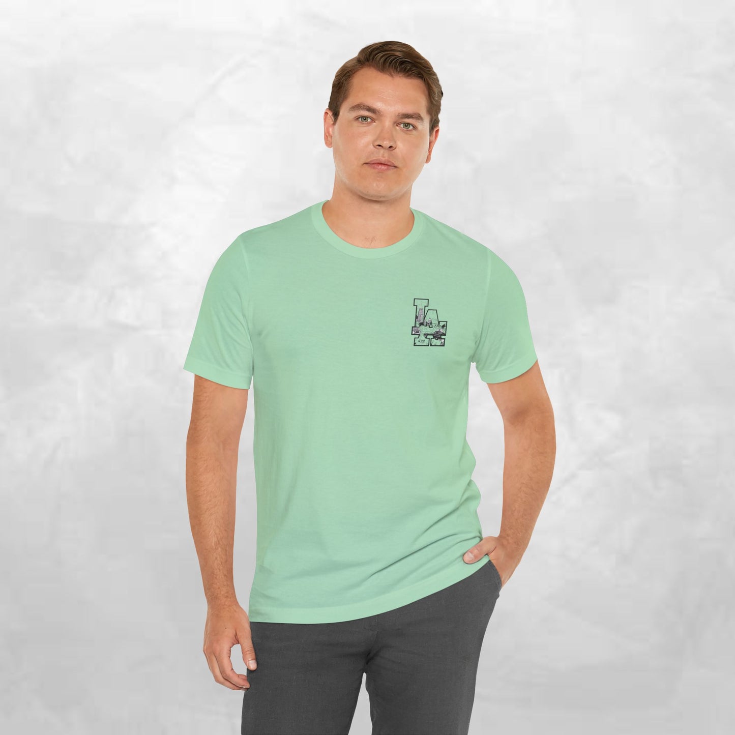Minimalist Cityscape Pocket Tee — Small Black Line Art Chest Print