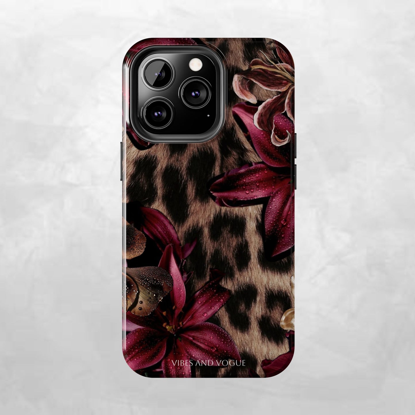 Leopard Bloom Tough Phone Case — Burgundy Floral Protective Cover