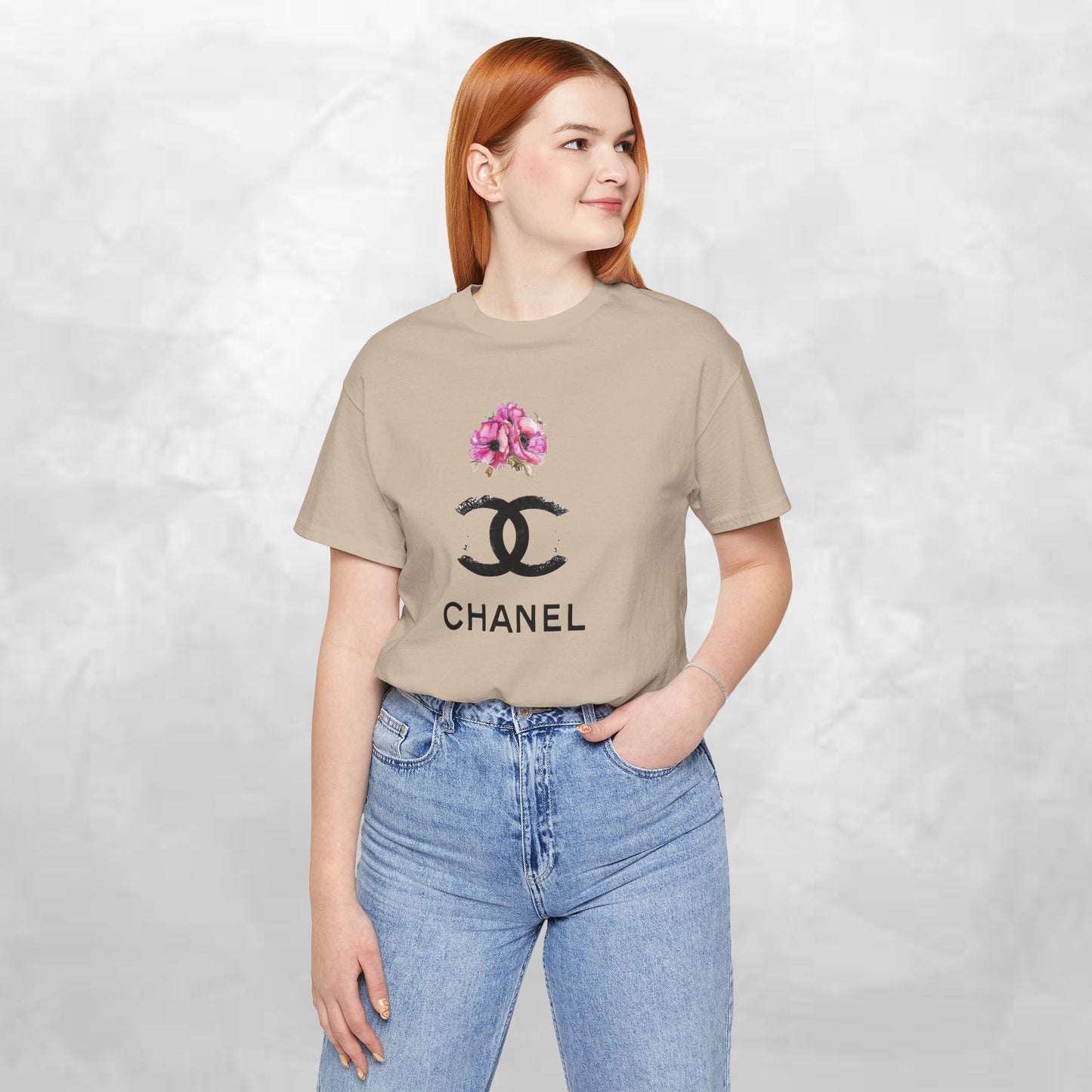 Chic Floral Logo Tee | Stylish Unisex Jersey Short Sleeve T-Shirt, Fashion Tee, Luxury Aesthetic, Gift for Her, Casual Wear, Trendy Apparel