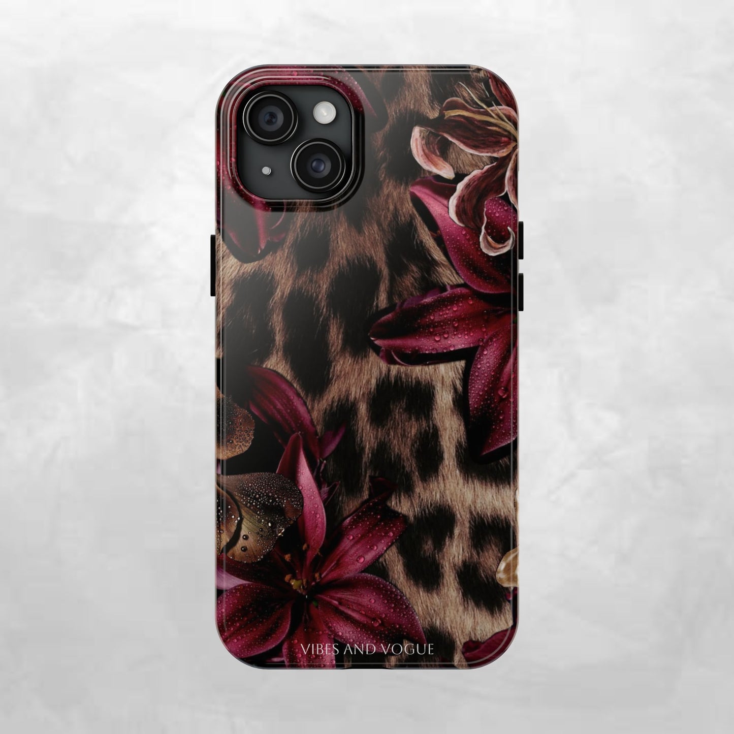 Leopard Bloom Tough Phone Case — Burgundy Floral Protective Cover