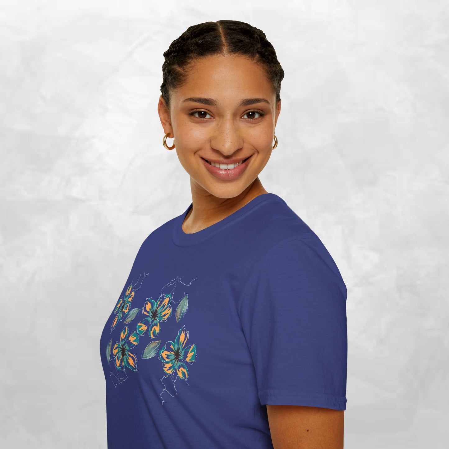 Floral Watercolor Tee — Teal & Gold Blossom Graphic T-Shirt