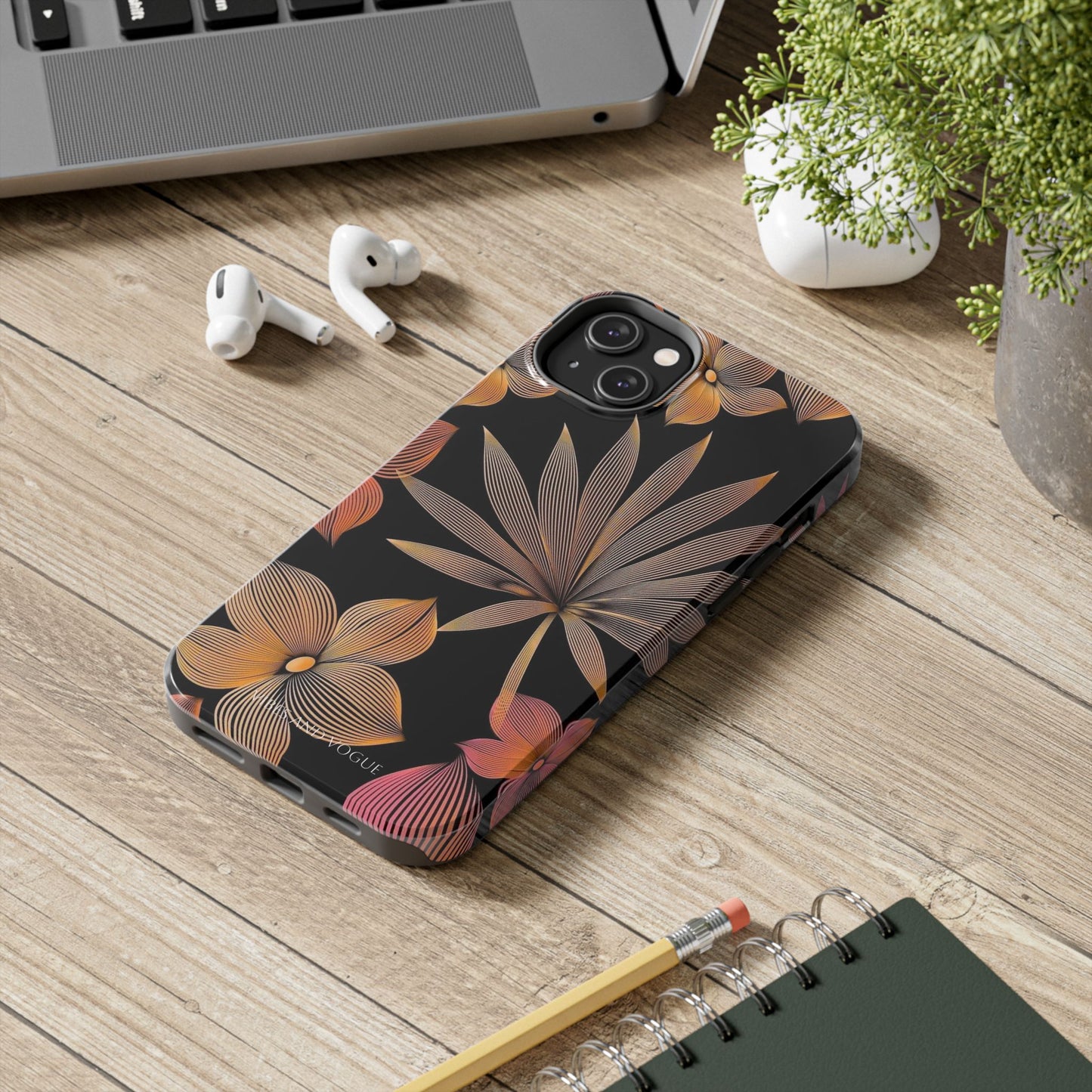Tough Phone Case — Botanical Line Art Floral Design (Black & Copper)