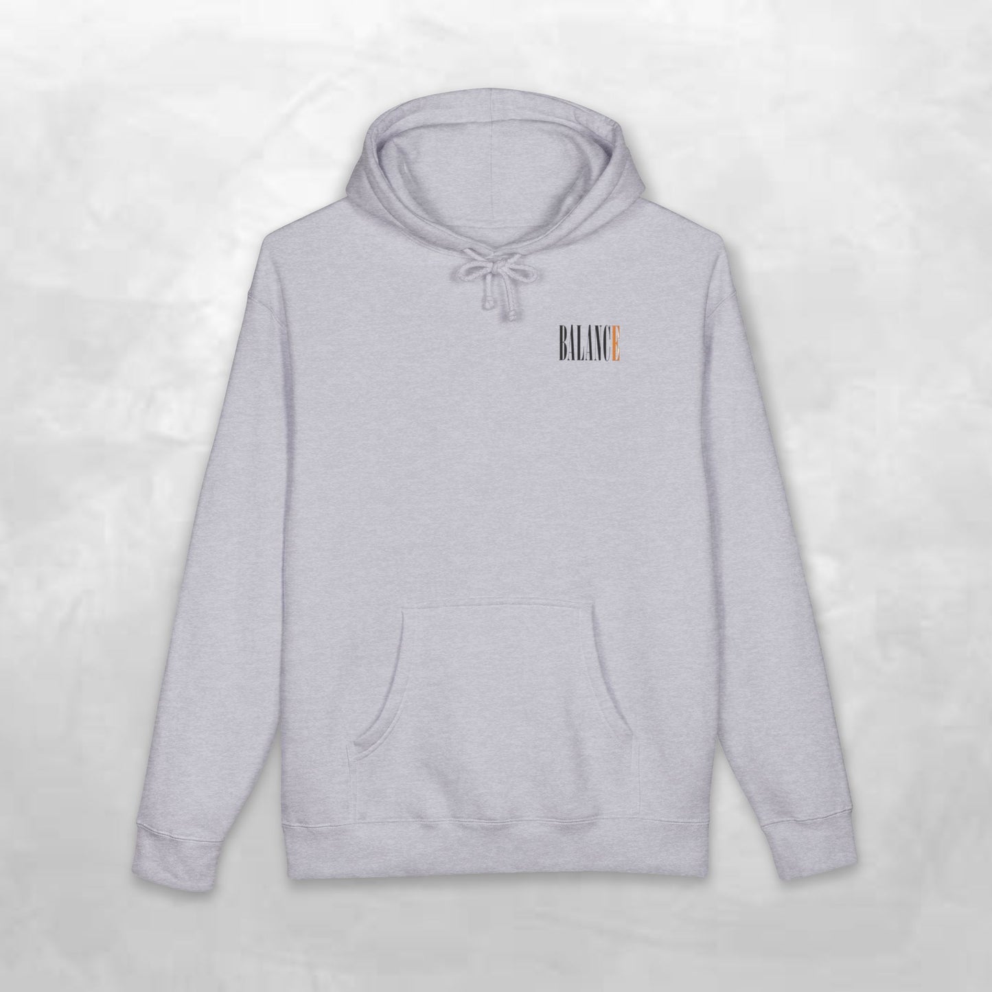 Balance Hoodie — Minimal Front Logo & Orange Camouflage Globe Back Graphic