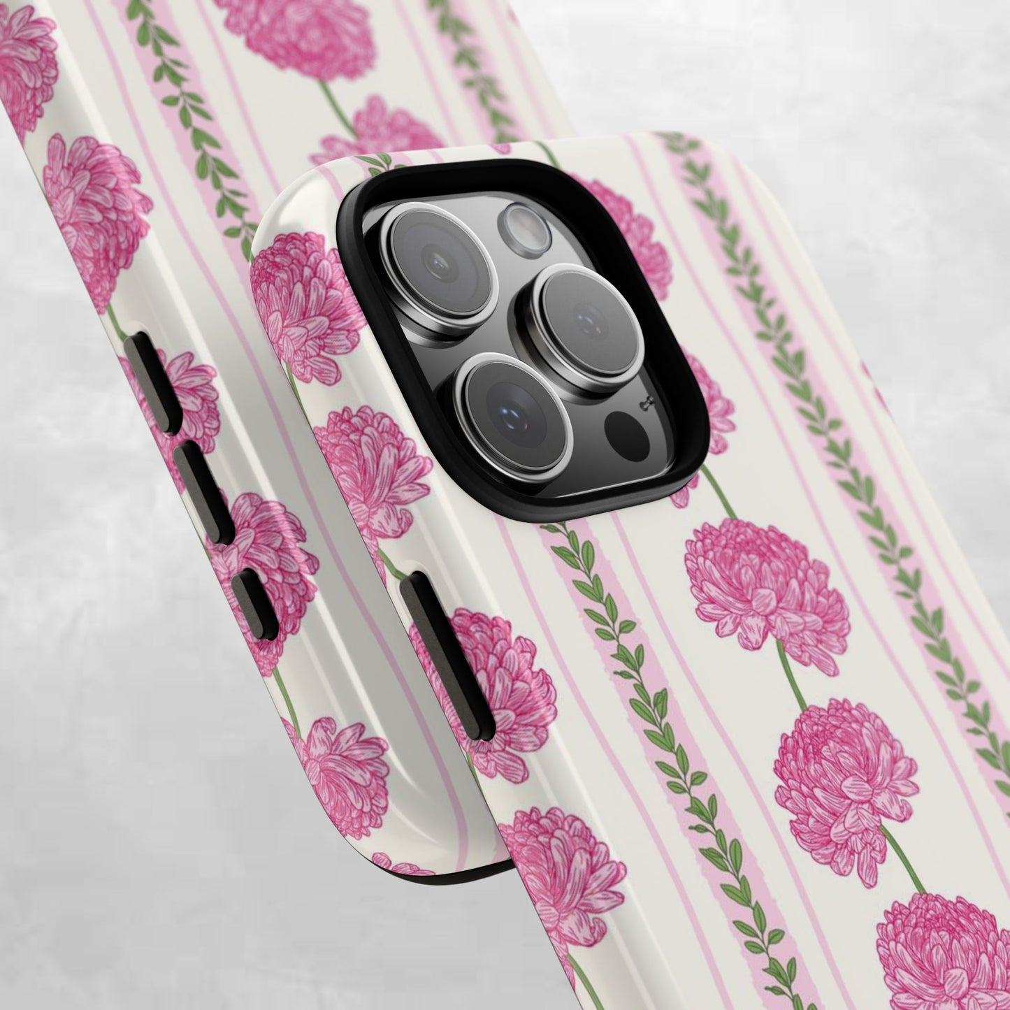 Floral Carnation Phone Case — Pink Vintage Stripe Tough Case