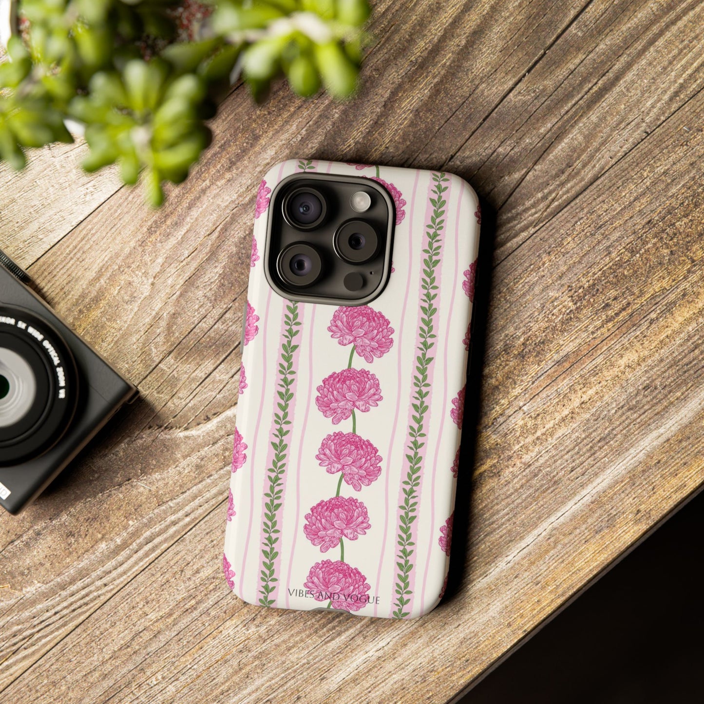 Floral Carnation Phone Case — Pink Vintage Stripe Tough Case