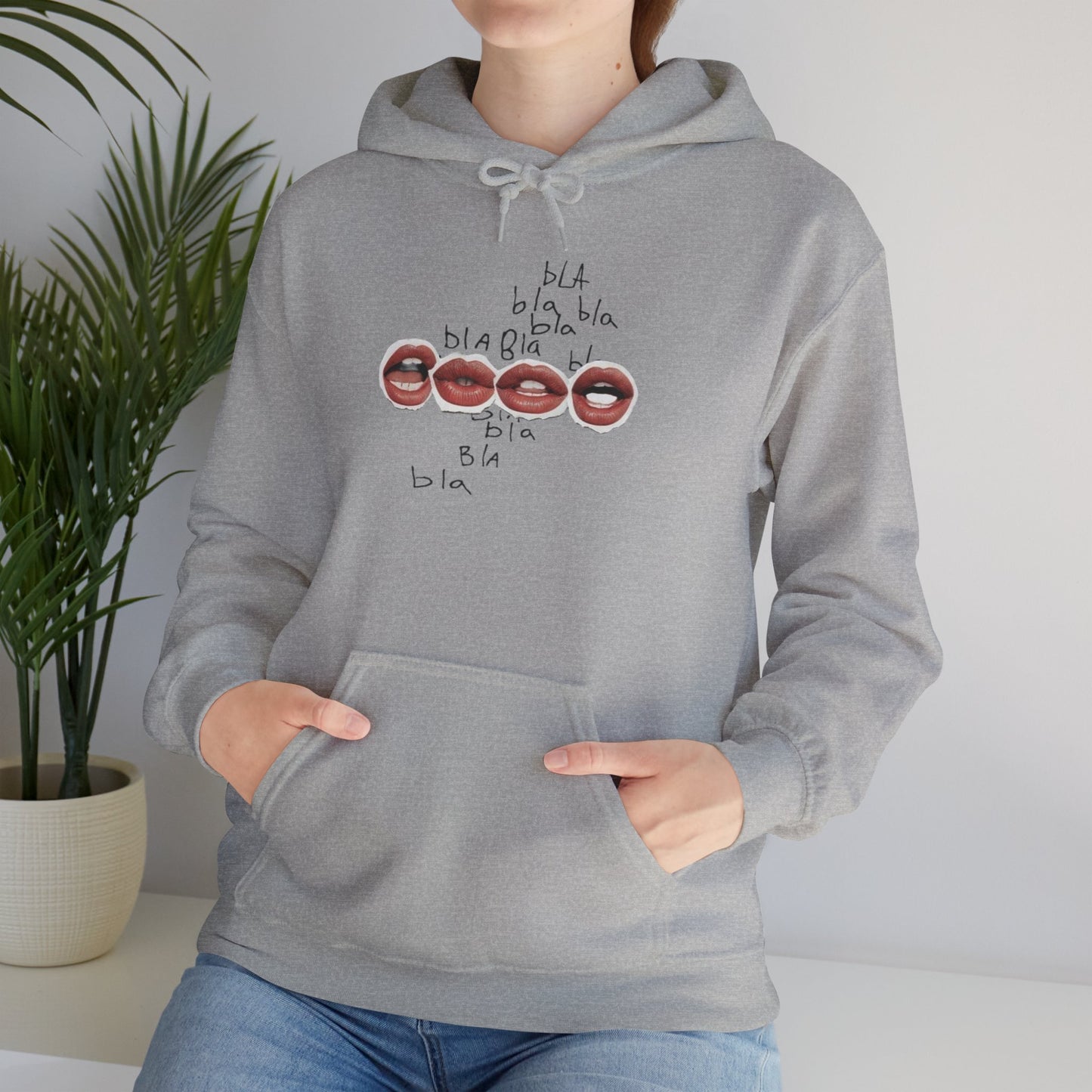 Graphic Hoodie — 'BLA BLA' Lip Print Pullover