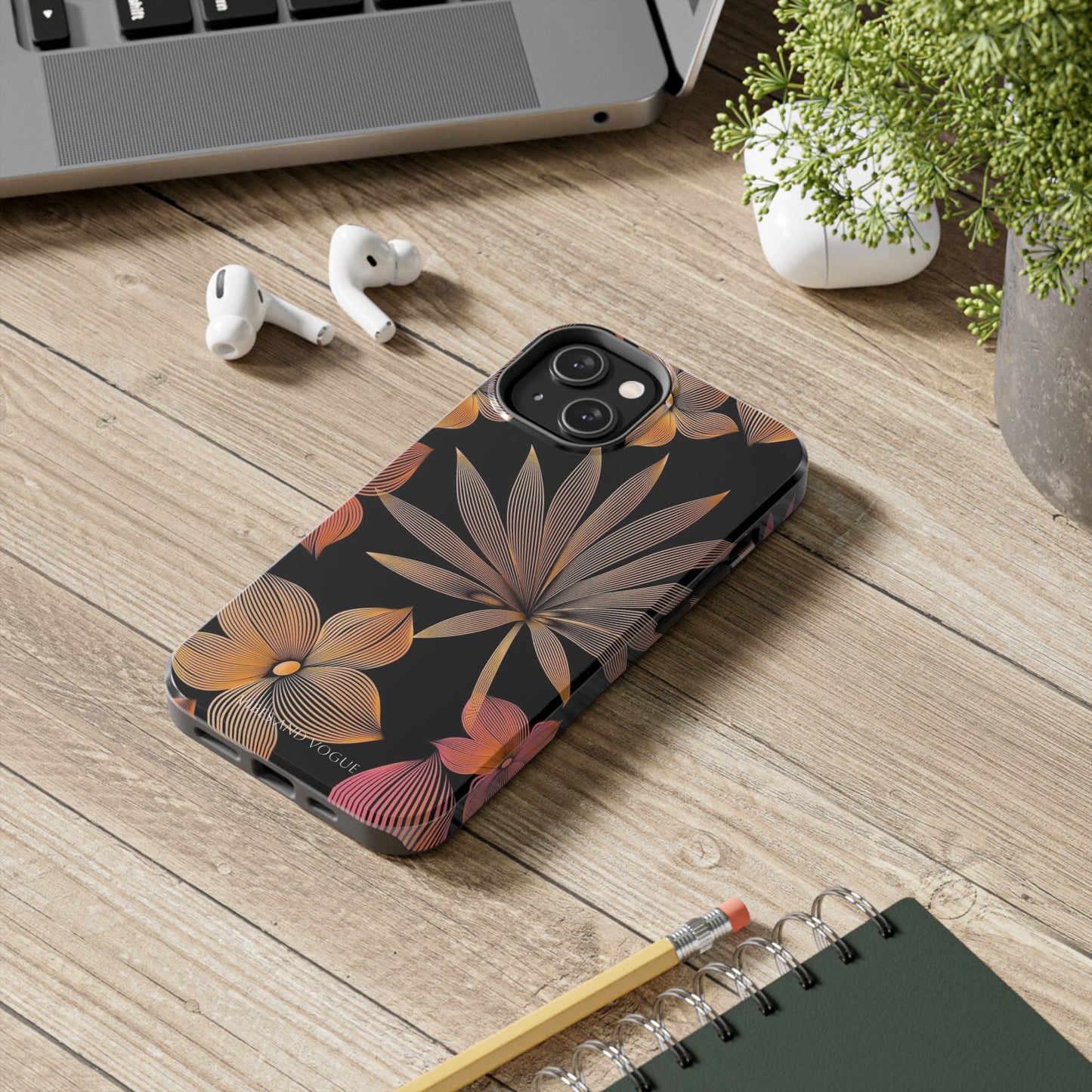 Tough Phone Case — Botanical Line Art Floral Design (Black & Copper)