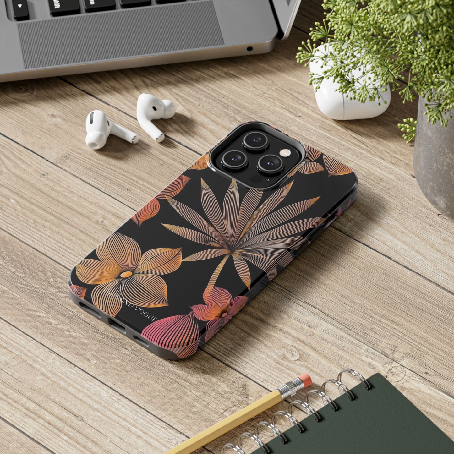 Tough Phone Case — Botanical Line Art Floral Design (Black & Copper)