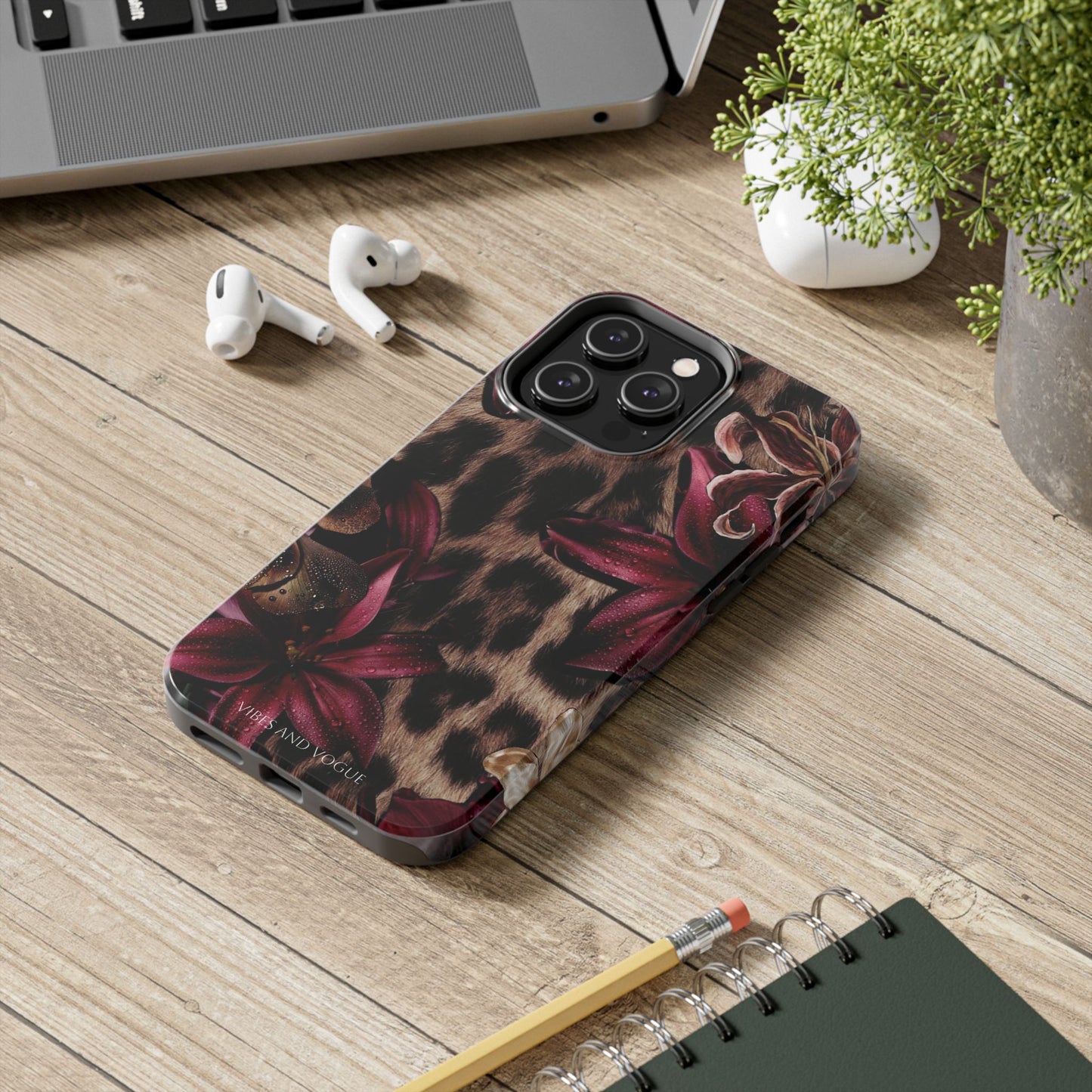 Leopard Bloom Tough Phone Case — Burgundy Floral Protective Cover