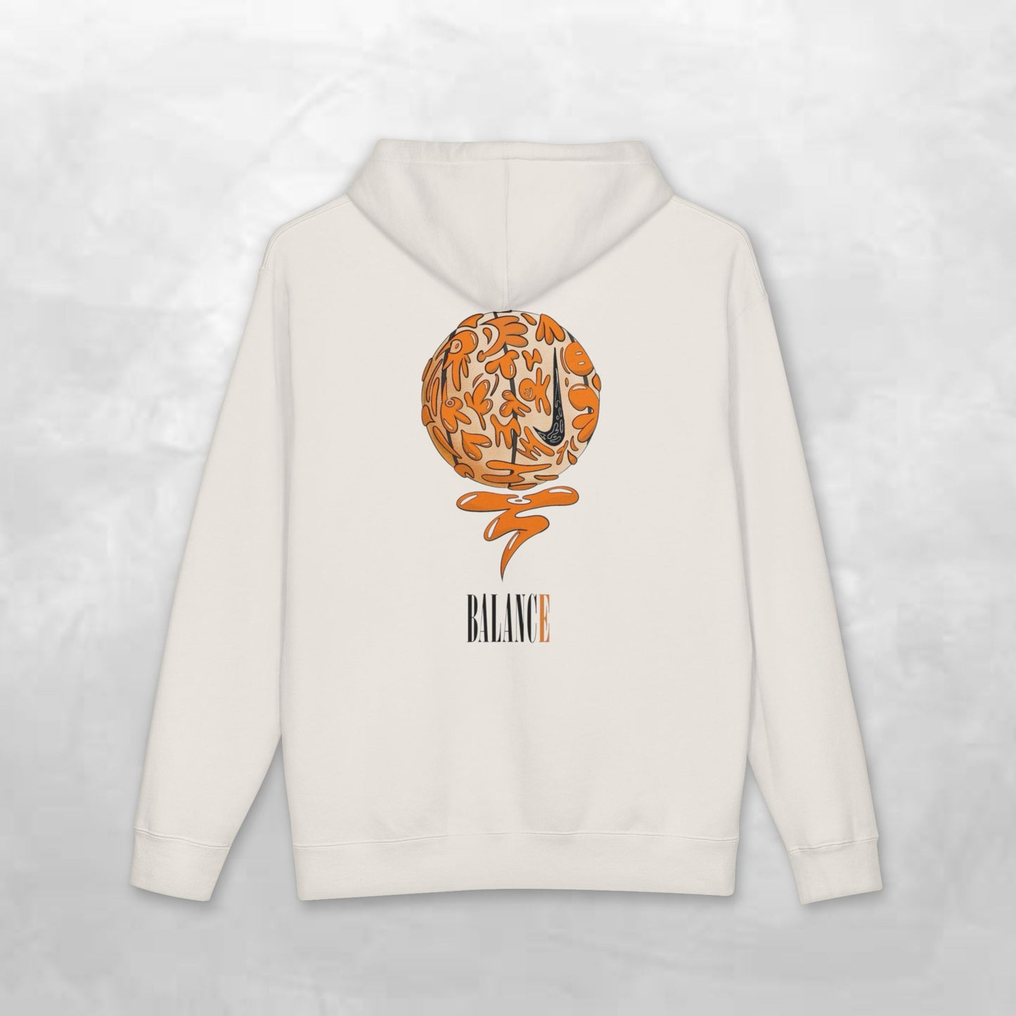 Balance Hoodie — Minimal Front Logo & Orange Camouflage Globe Back Graphic