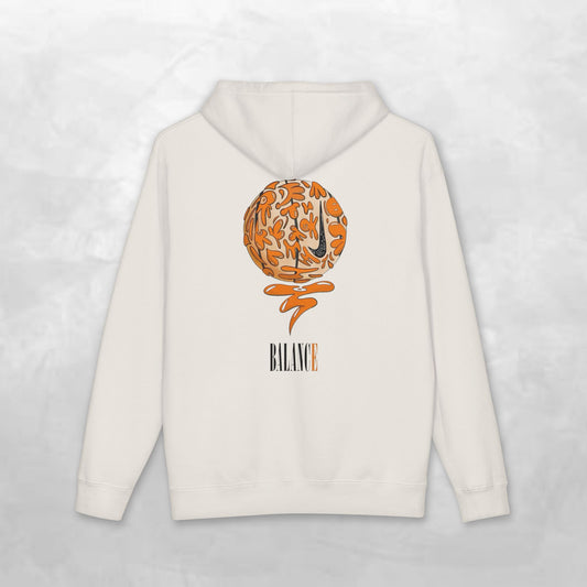 Balance Hoodie — Minimal Front Logo & Orange Camouflage Globe Back Graphic