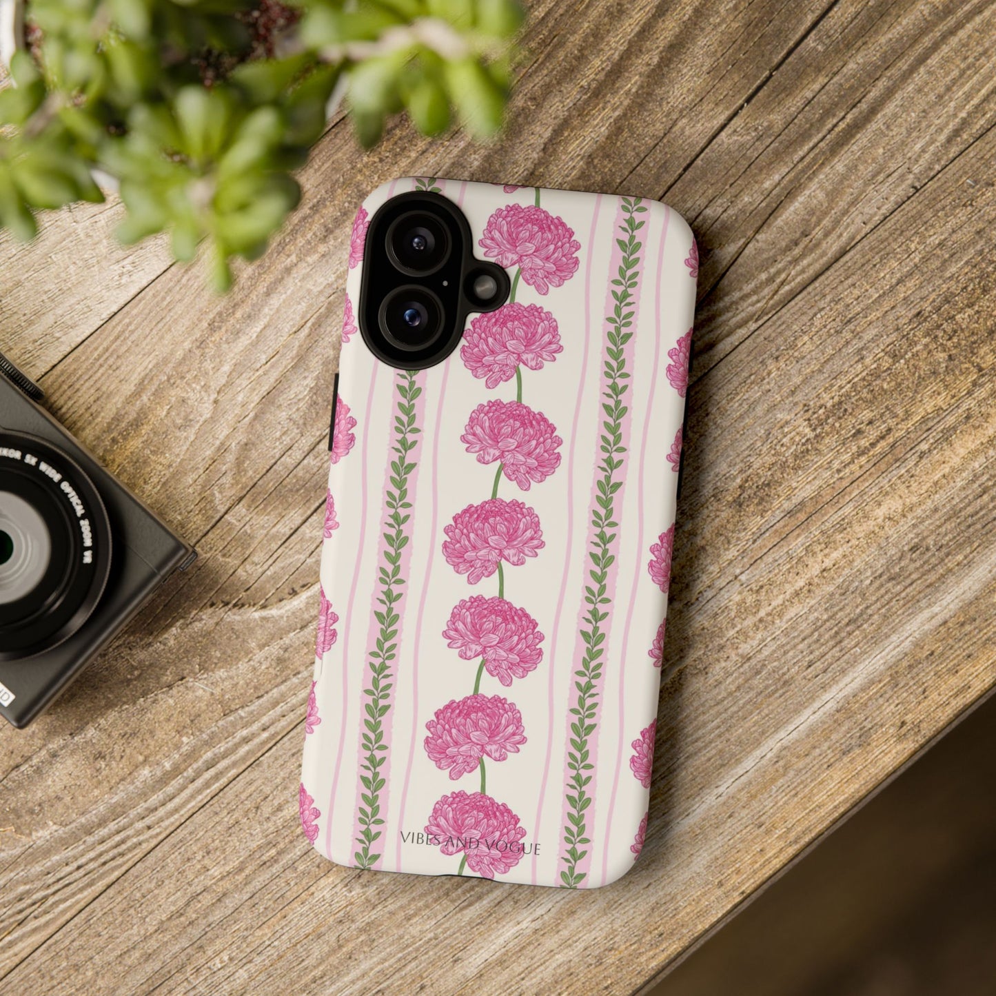 Floral Carnation Phone Case — Pink Vintage Stripe Tough Case
