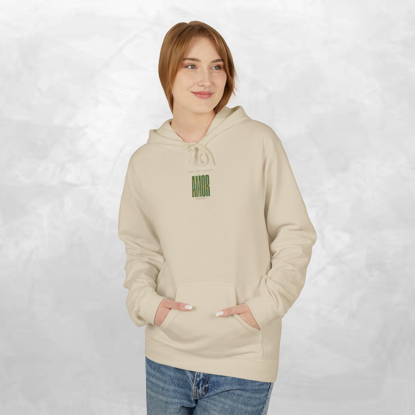 Amor Graphic Hoodie — Green Vintage Script Love Design