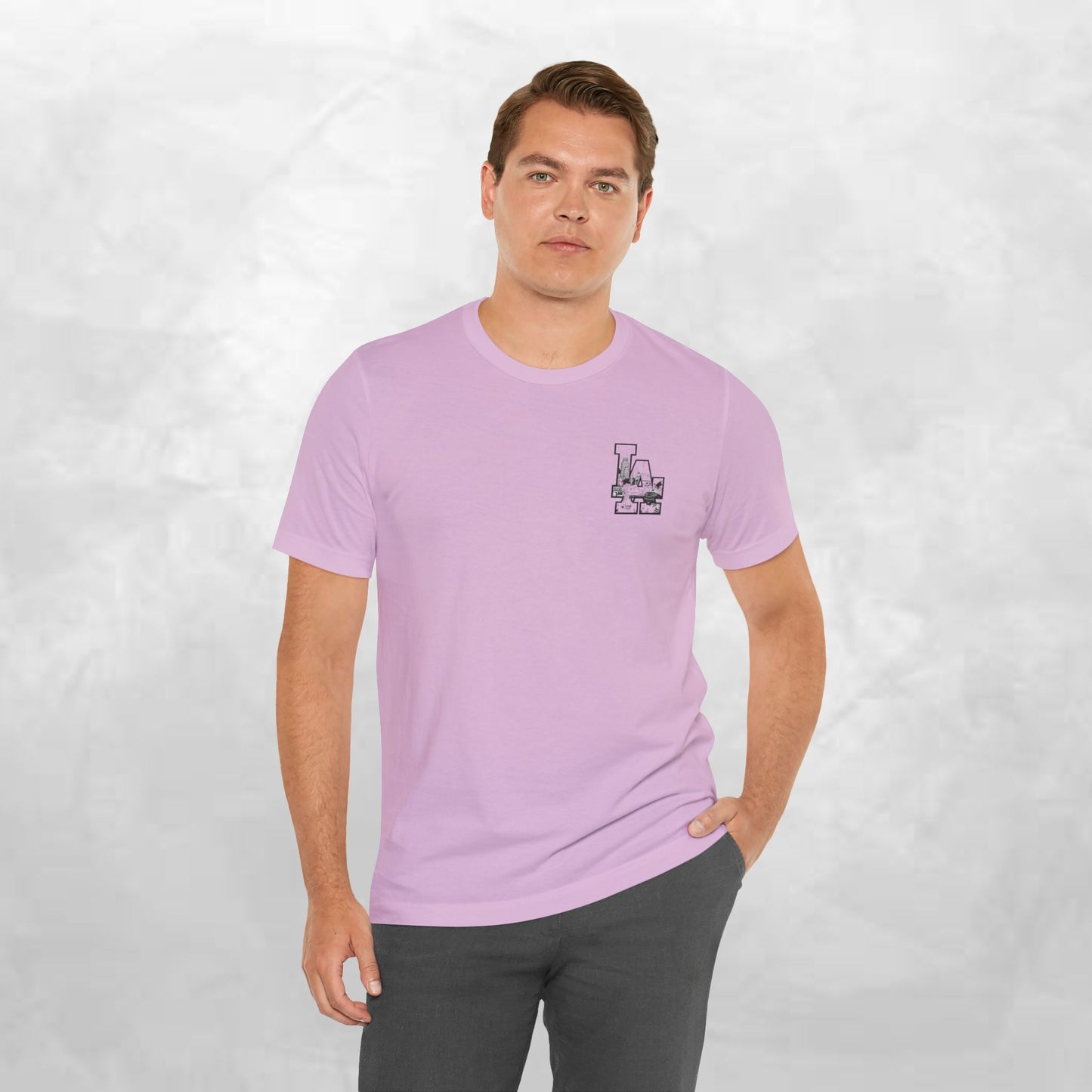 Minimalist Cityscape Pocket Tee — Small Black Line Art Chest Print