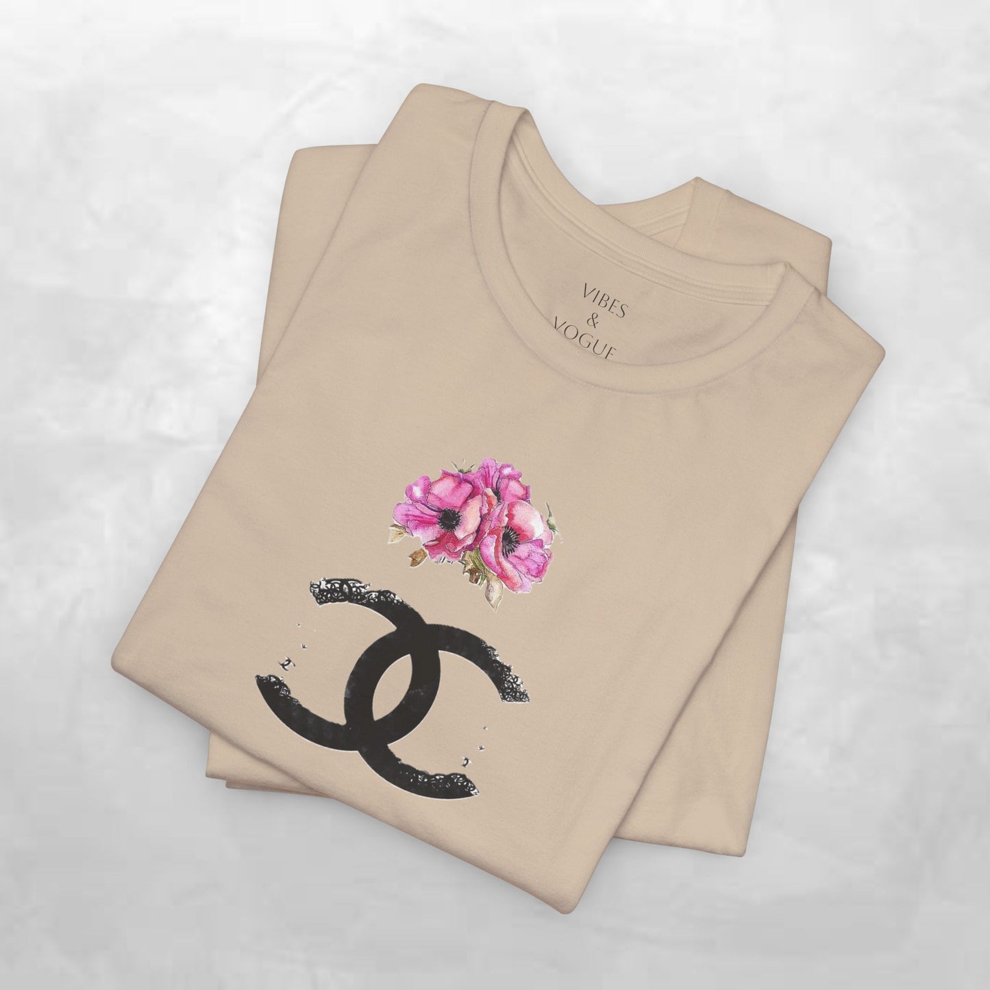 Chic Floral Logo Tee | Stylish Unisex Jersey Short Sleeve T-Shirt, Fashion Tee, Luxury Aesthetic, Gift for Her, Casual Wear, Trendy Apparel