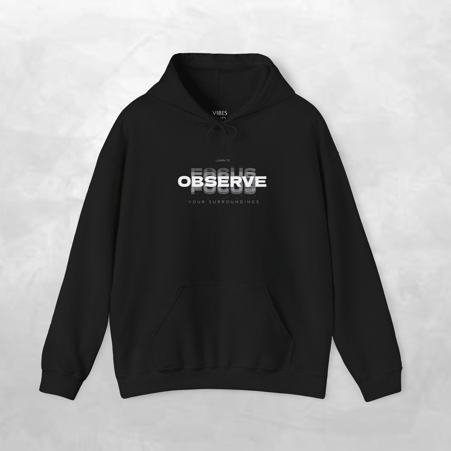 Observe Hoodie — Minimalist Glitch Text Black Pullover