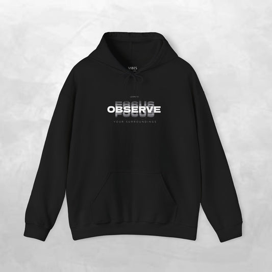 Observe Hoodie — Minimalist Glitch Text Black Pullover