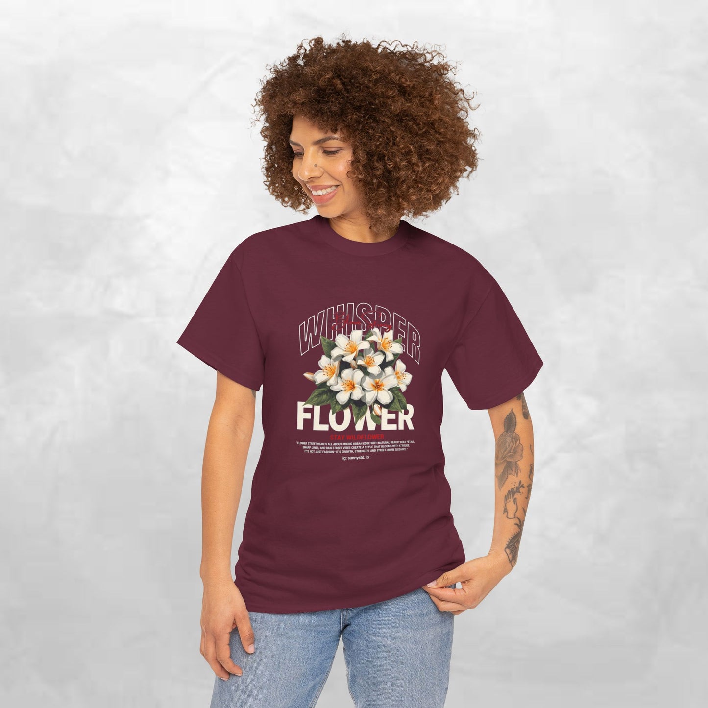 Floral "Whisper Flower" Graphic Tee — Vintage Plumeria Blossom Shirt