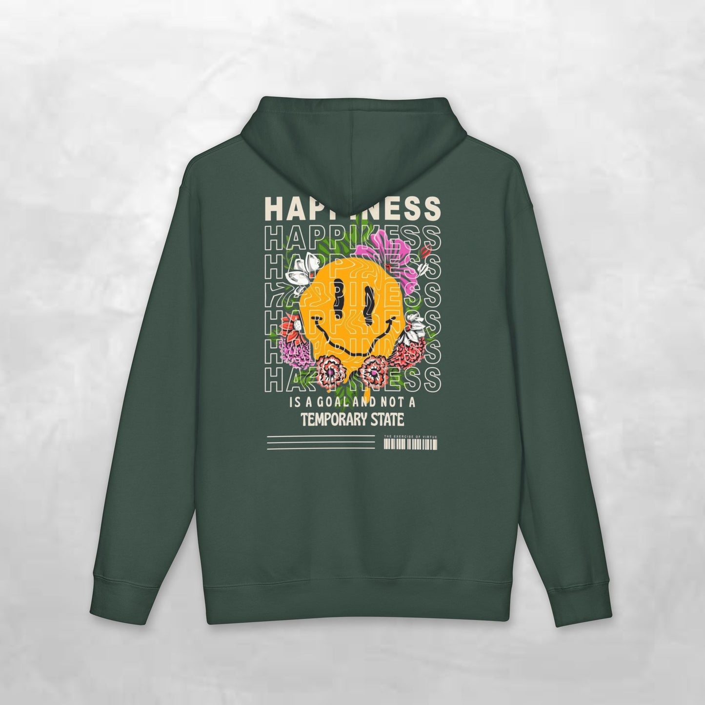Happiness Smiley Hoodie — Floral Graphic Backprint Hooded Sweatshirt