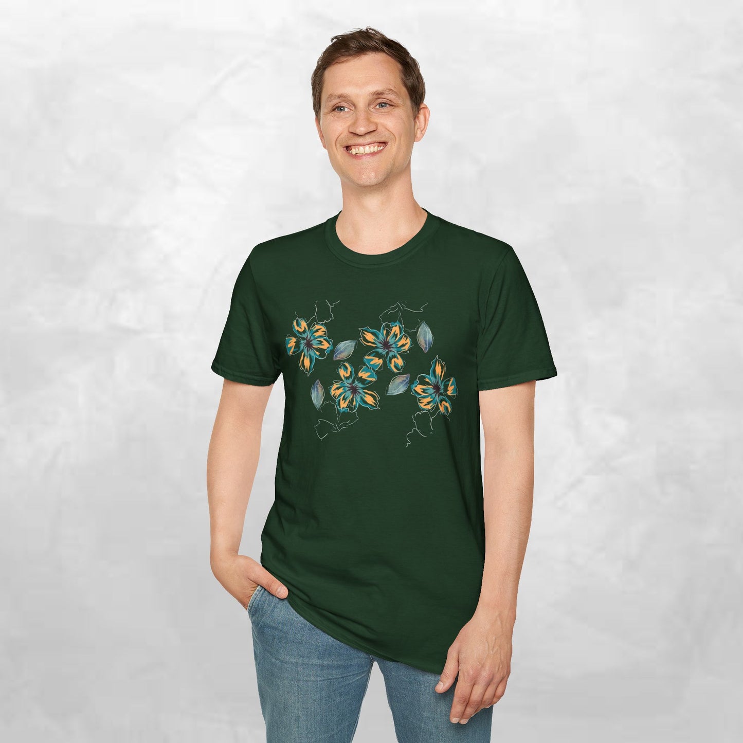 Floral Watercolor Tee — Teal & Gold Blossom Graphic T-Shirt