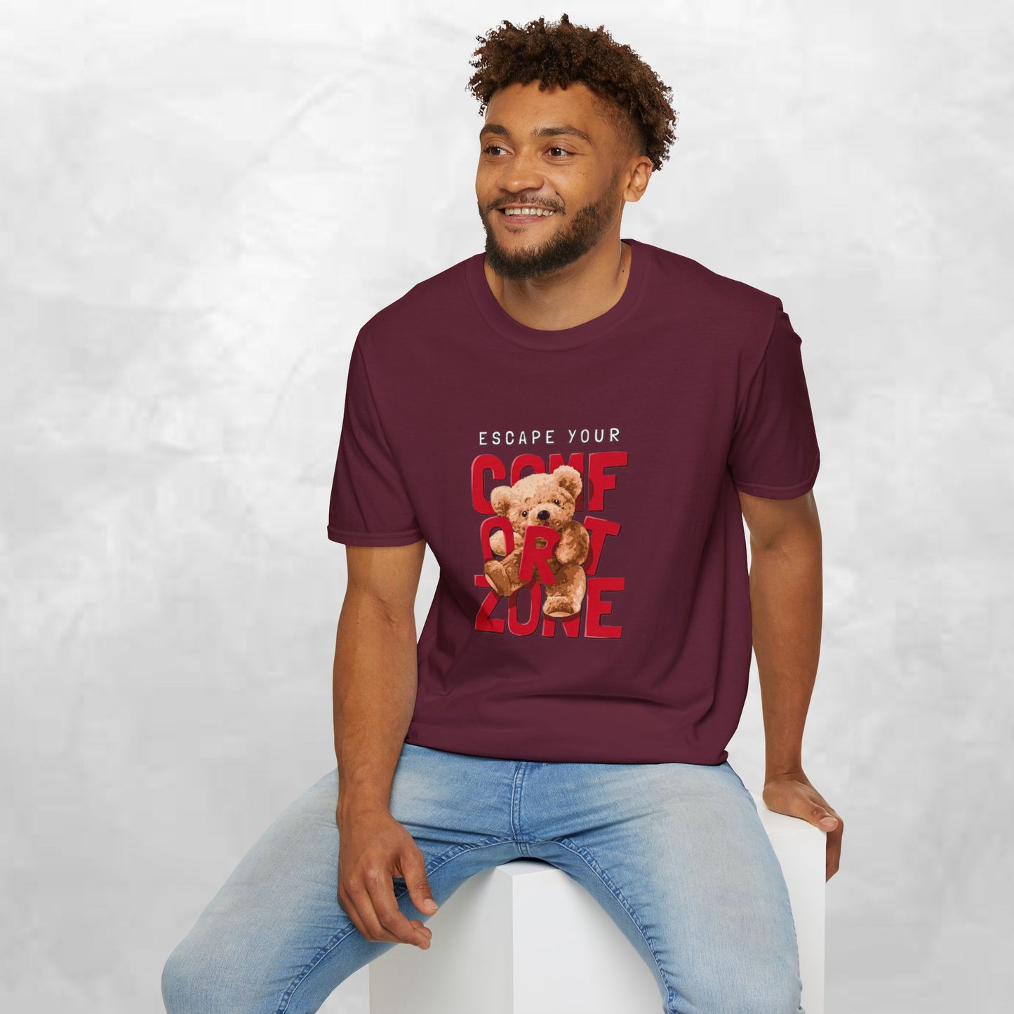 Escape Your Comfort Zone Teddy Bear T-Shirt, Cute Unisex Tee, Motivational Apparel, Gift for Friends, Casual Wear, Unique Design