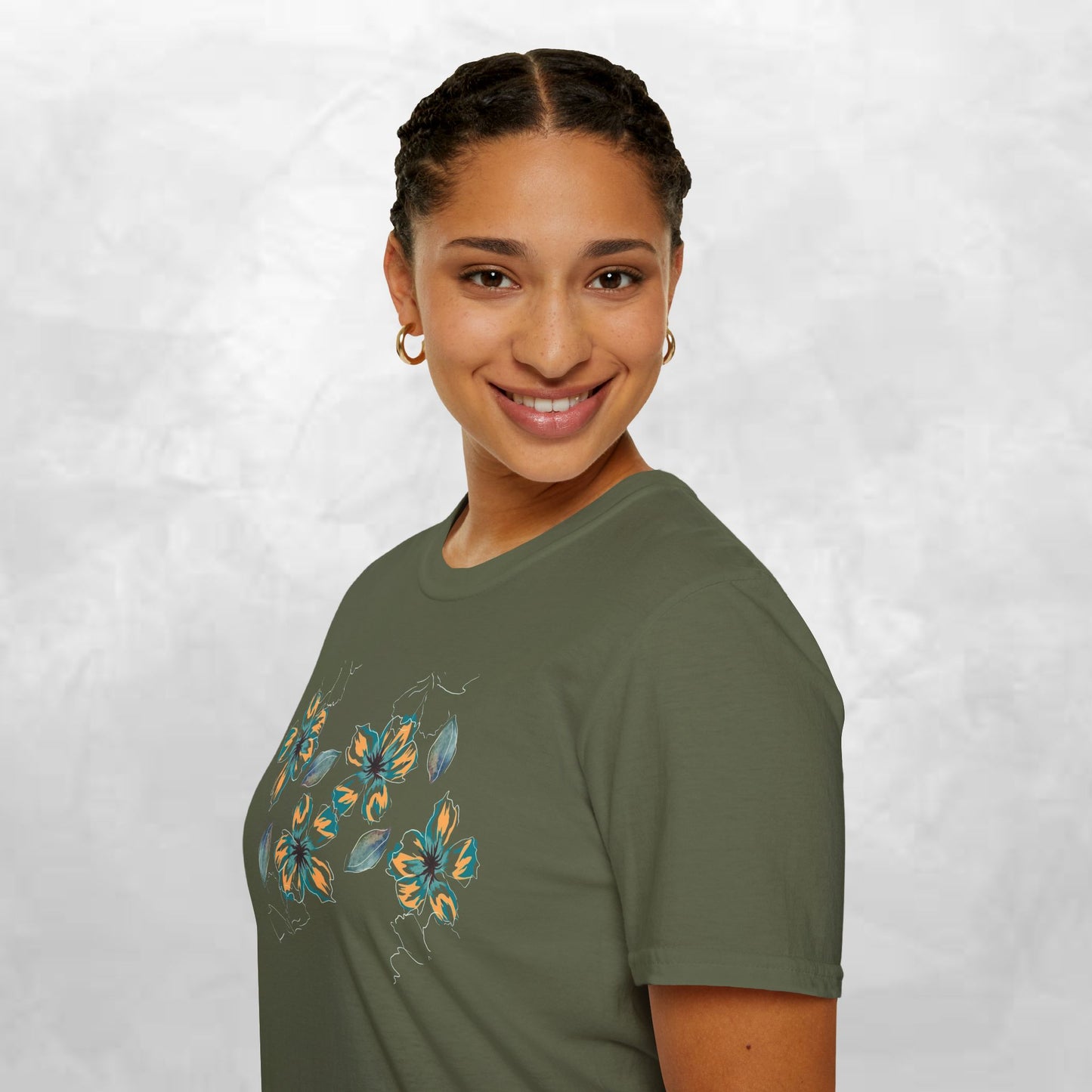 Floral Watercolor Tee — Teal & Gold Blossom Graphic T-Shirt