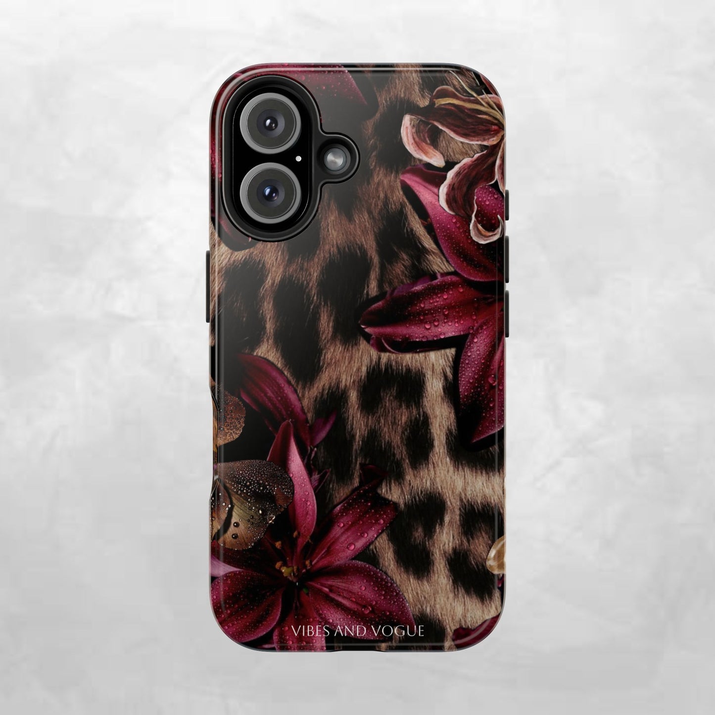 Leopard Bloom Tough Phone Case — Burgundy Floral Protective Cover
