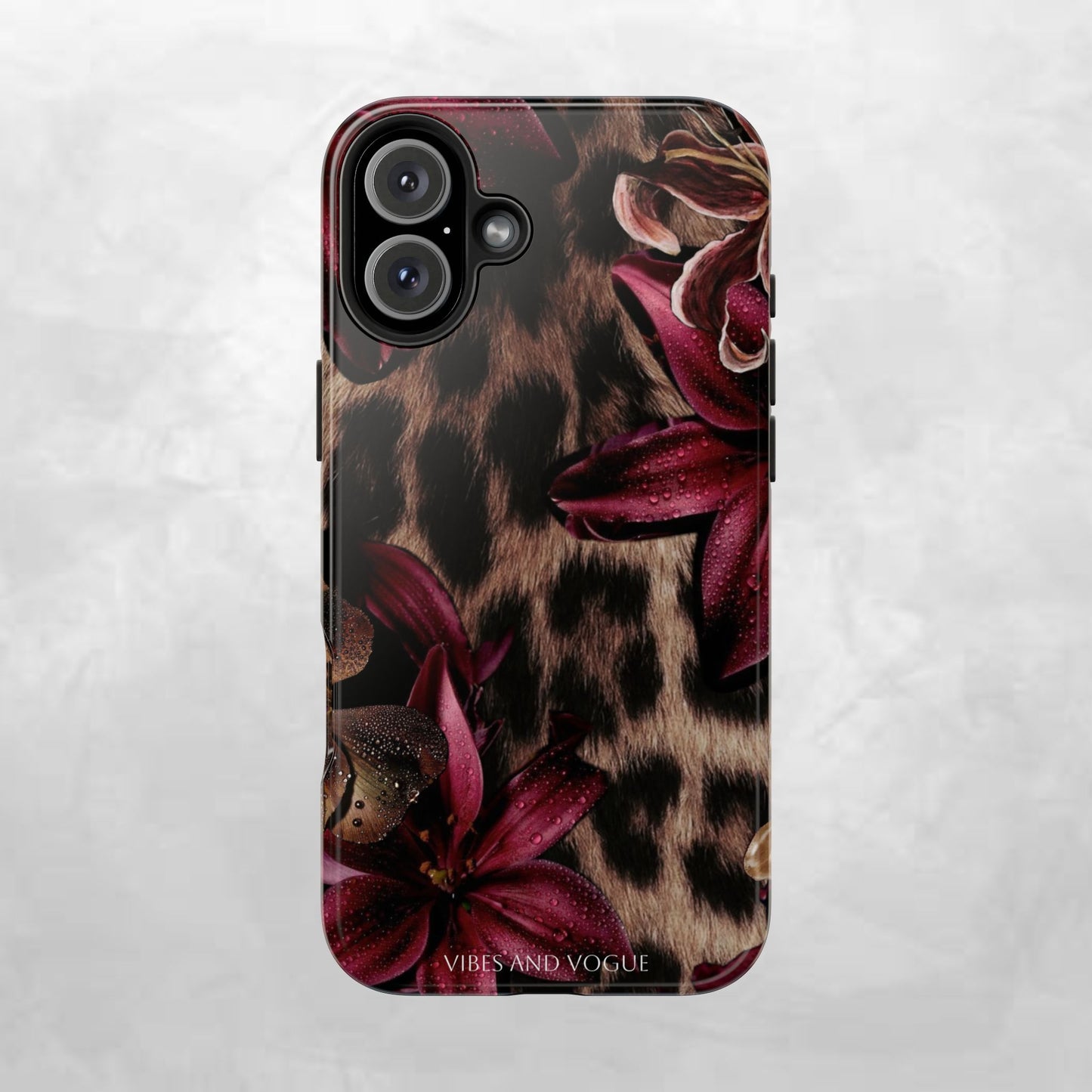 Leopard Bloom Tough Phone Case — Burgundy Floral Protective Cover