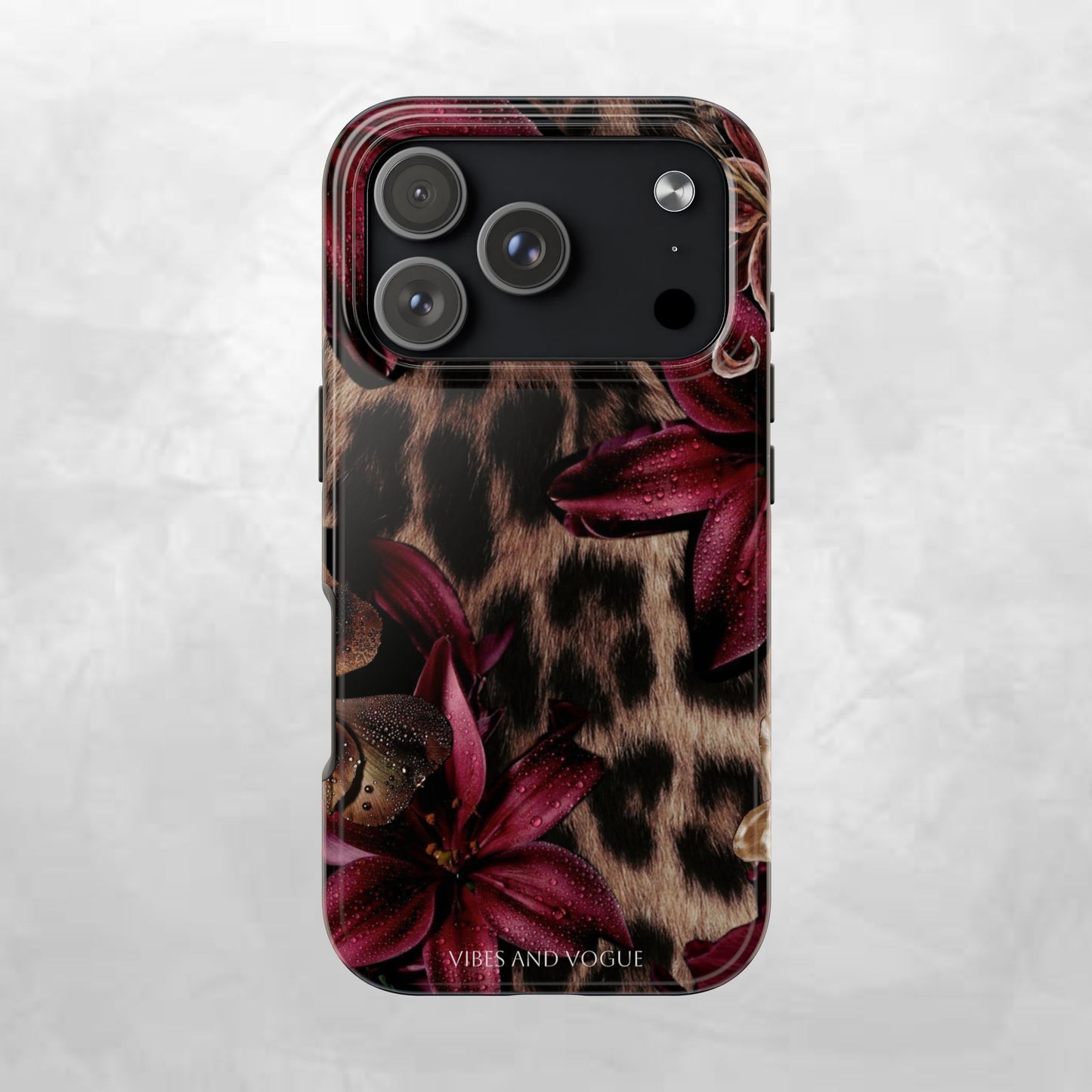 Leopard Bloom Tough Phone Case — Burgundy Floral Protective Cover