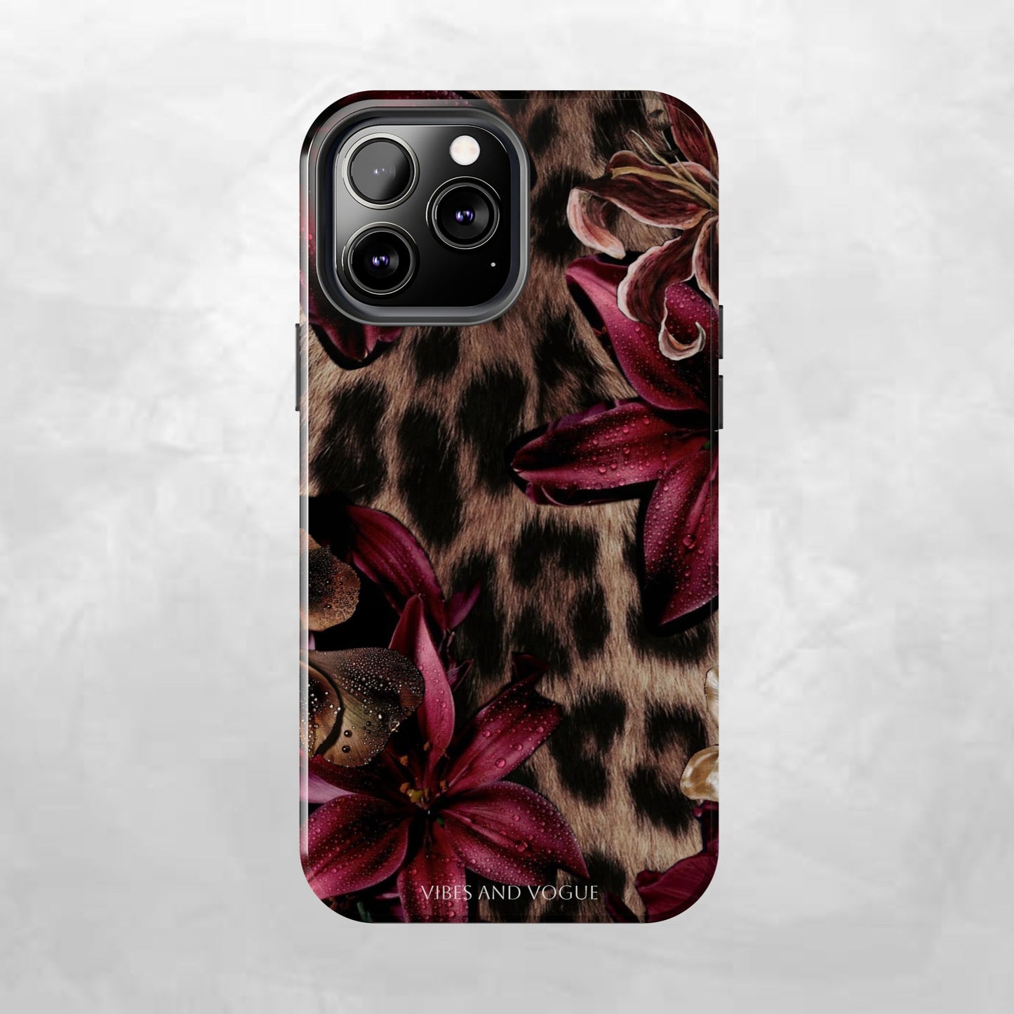 Leopard Bloom Tough Phone Case — Burgundy Floral Protective Cover